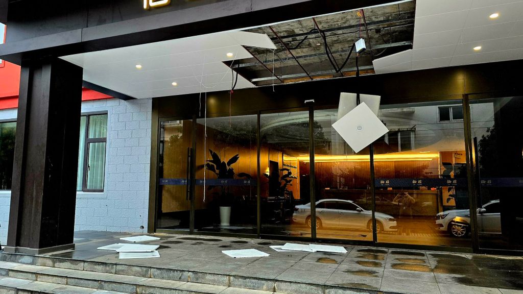 Ceiling tiles had blown off from the wind at the Hotel opposite my apartment.